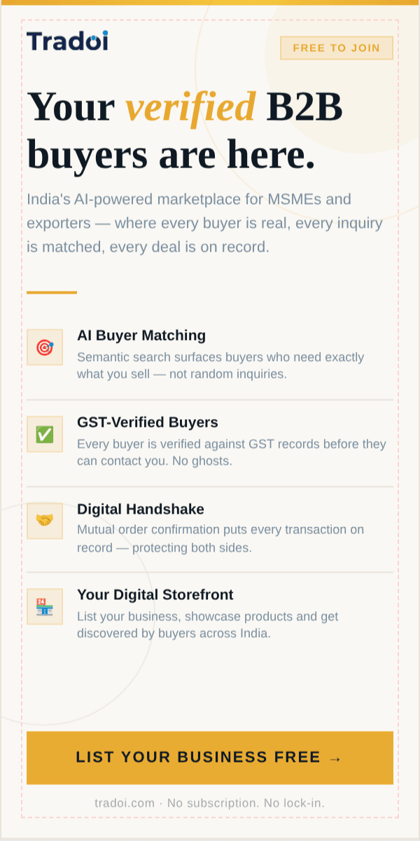 Tradoi - Your verified B2B buyers are here. India's AI-powered marketplace for MSMEs and exporters