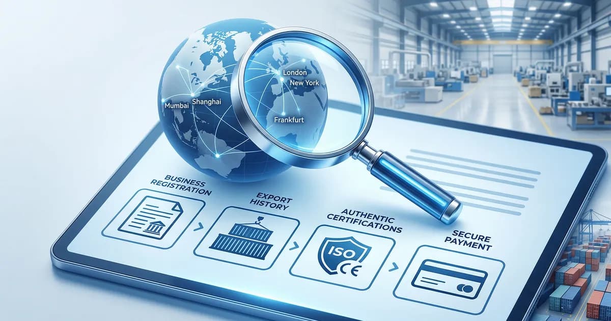 Globe with magnifying glass over a supplier verification checklist showing business registration, export history, certifications, and secure payment