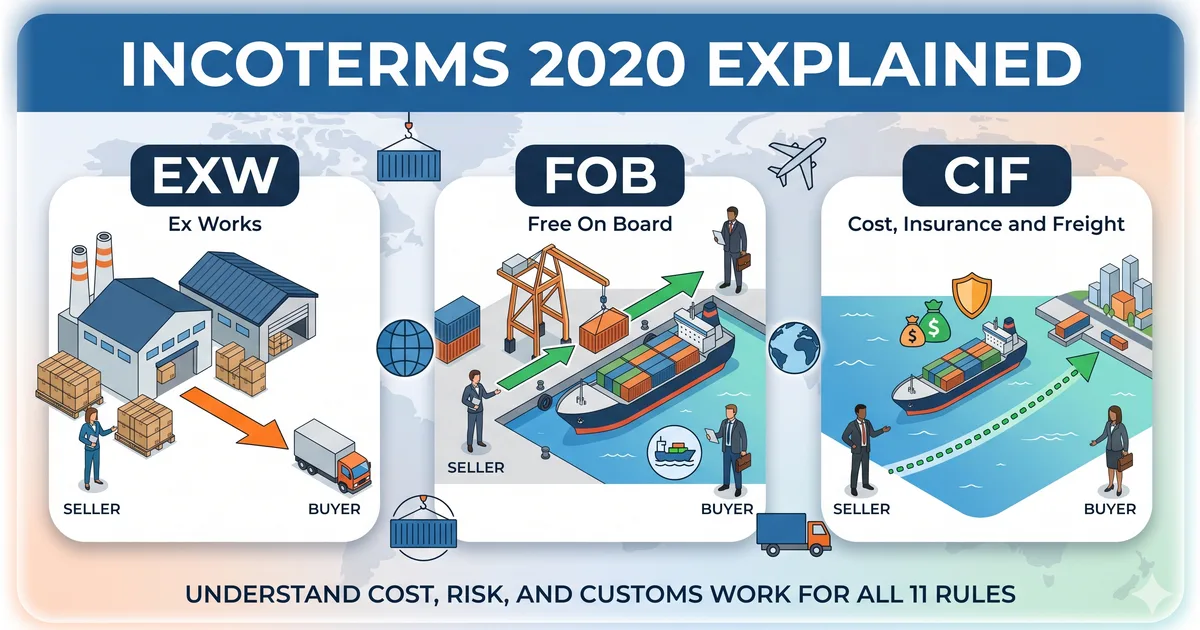 Diagram comparing FOB, CIF, and EXW Incoterms 2020 responsibilities between exporter and buyer