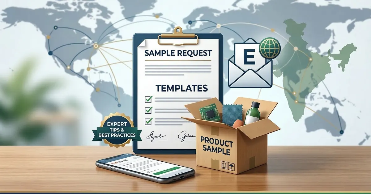 Illustration of sample request templates, email, and product sample box for supplier sourcing