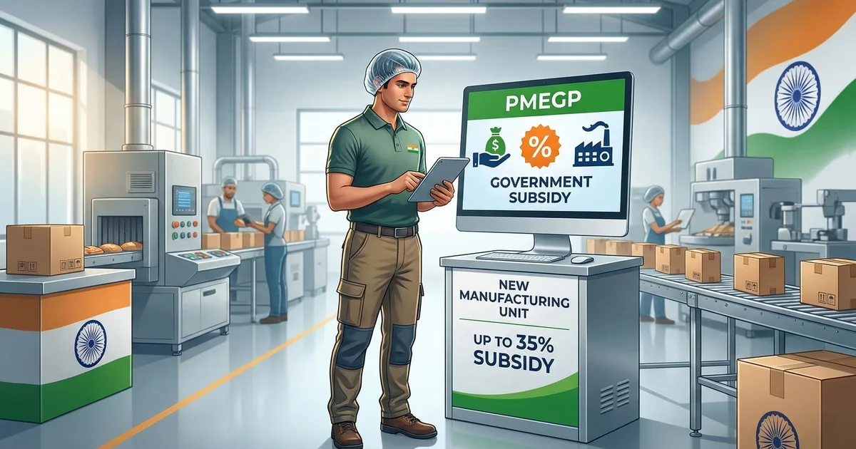 Worker in a food processing manufacturing unit with PMEGP government subsidy display showing up to 35% subsidy