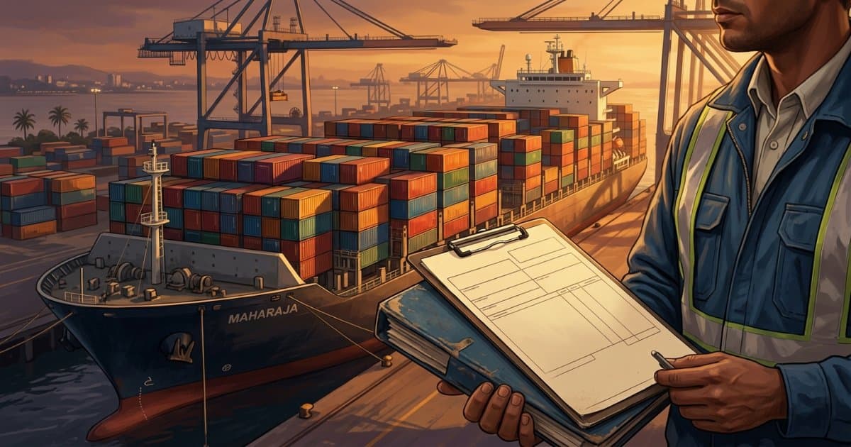 Bill of lading document beside a container ship at an Indian port, representing sea freight paperwork