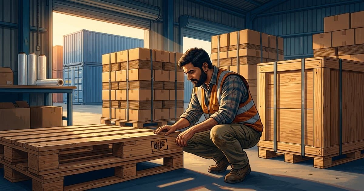 Indian warehouse worker checking the IPPC heat-treatment stamp on a wooden export pallet