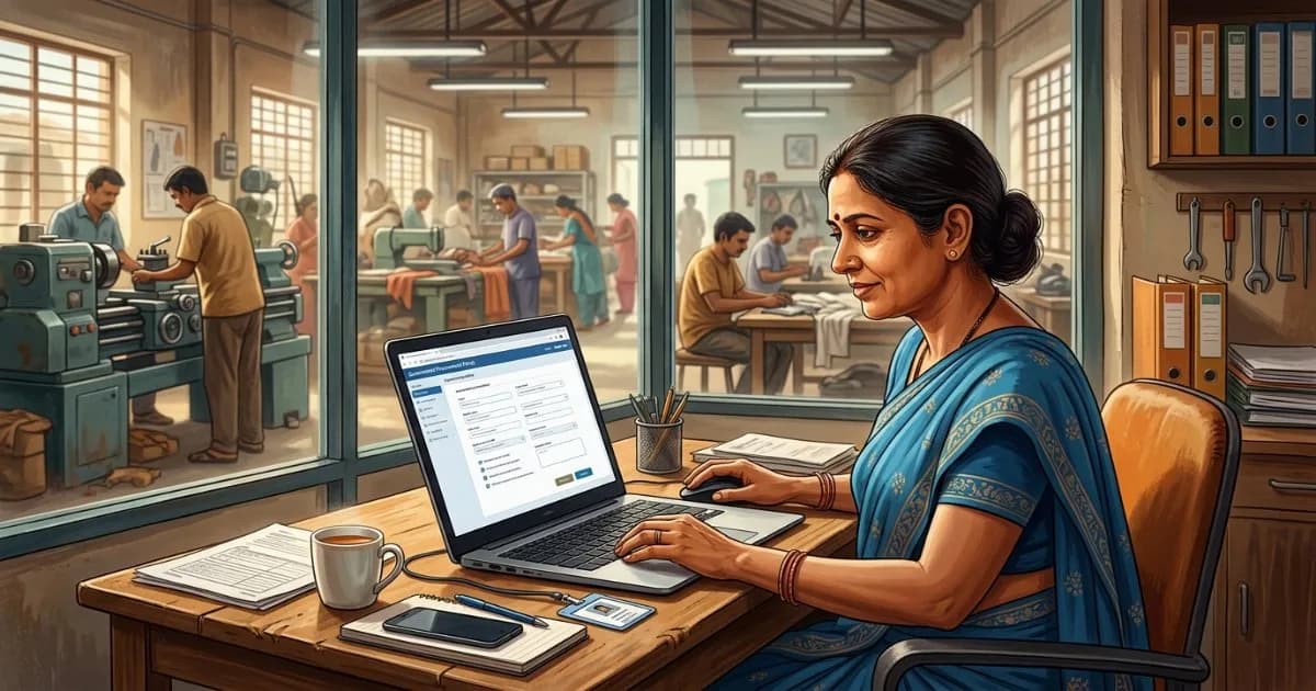 Indian MSME owner completing seller registration on the GeM portal with a small factory in the background