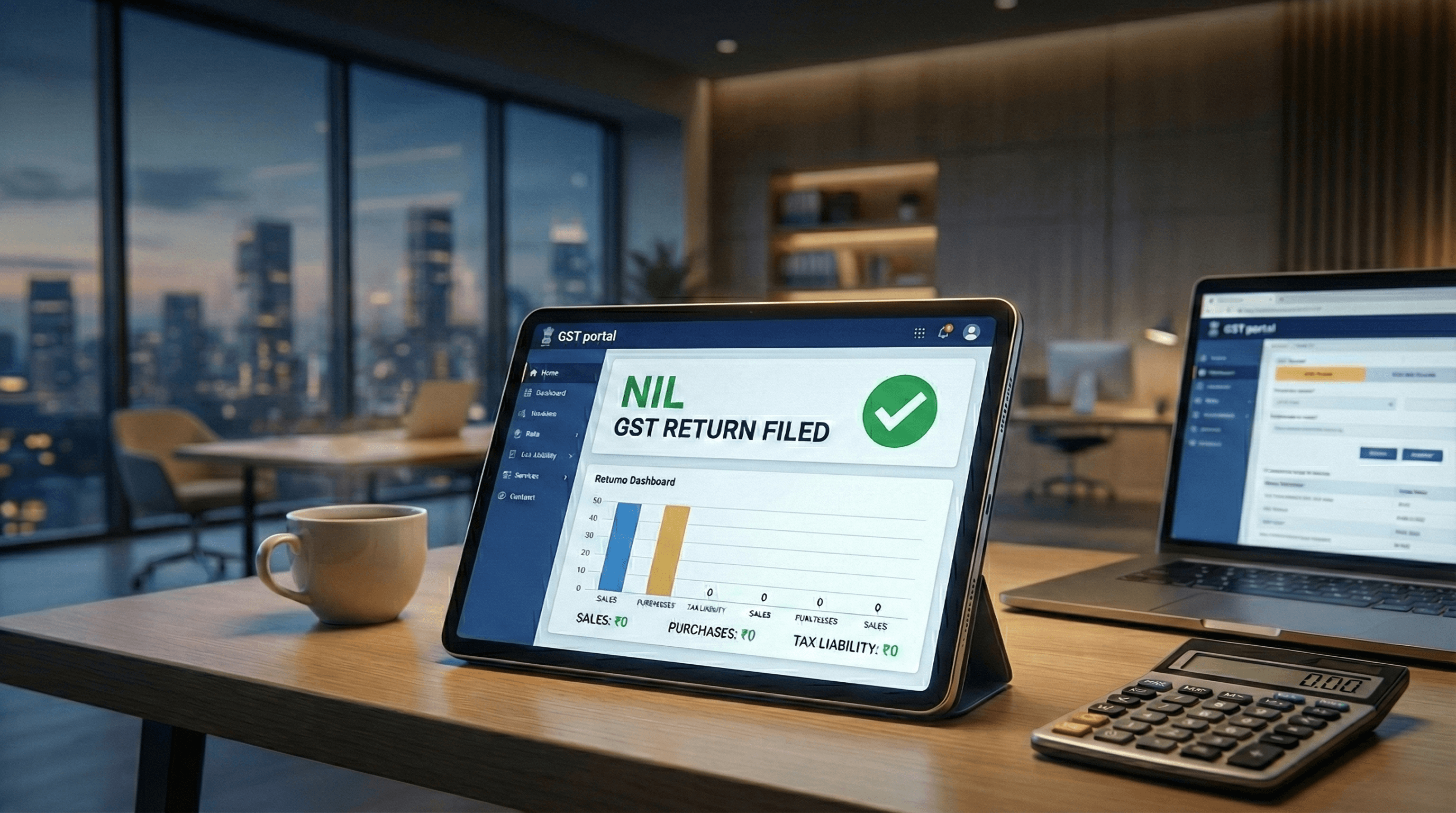 GST Portal dashboard showing NIL GST Return Filed confirmation with zero sales and tax liability