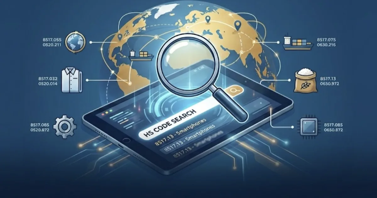 HS code search interface on tablet with world map showing product classification codes for global trade