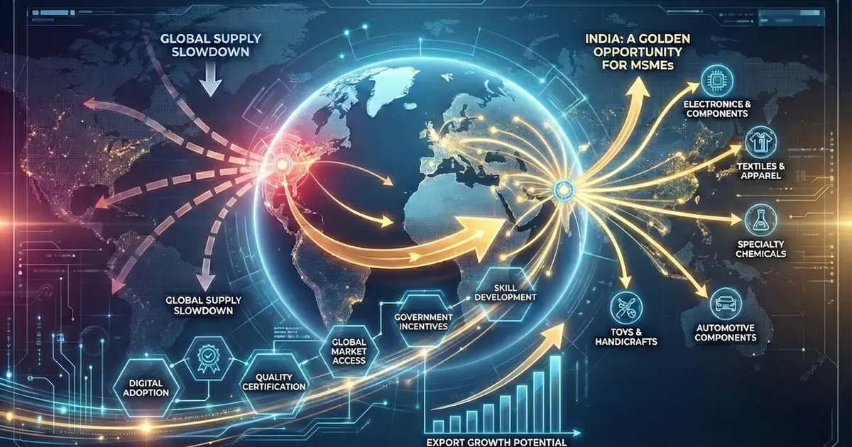 Global supply chain map showing China Plus One diversification from China to India across key MSME sectors